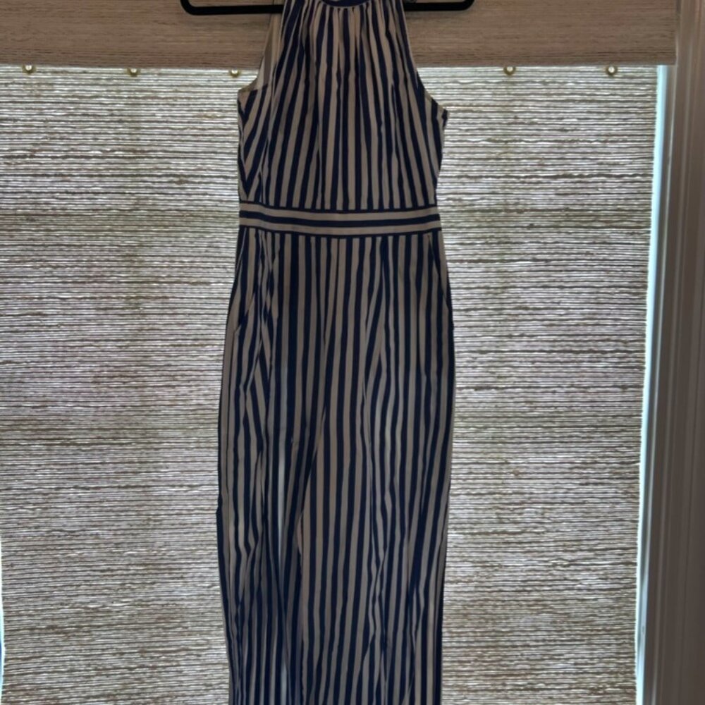 J. Crew Tie-back Halter Sleeveless Stripe Wide Leg Jumpsuit Blue White
